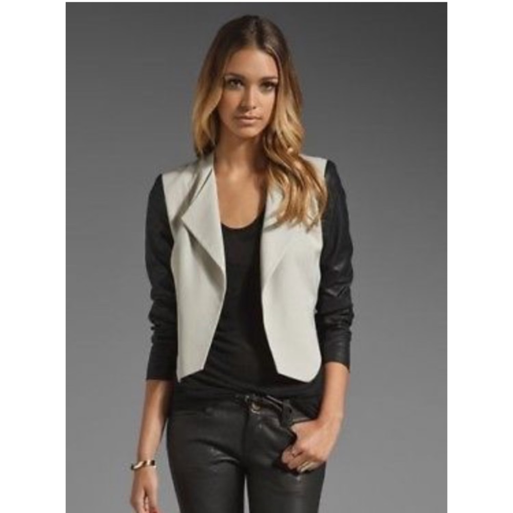 Tan theory jacket wi/ black leather sleeves-size 8